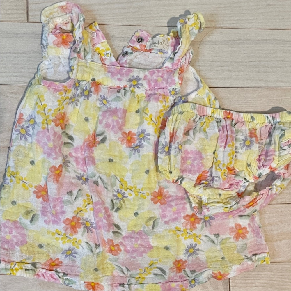 Tulabee 100% Organic Cotton Muslin Dress with matching bloomers, Floral